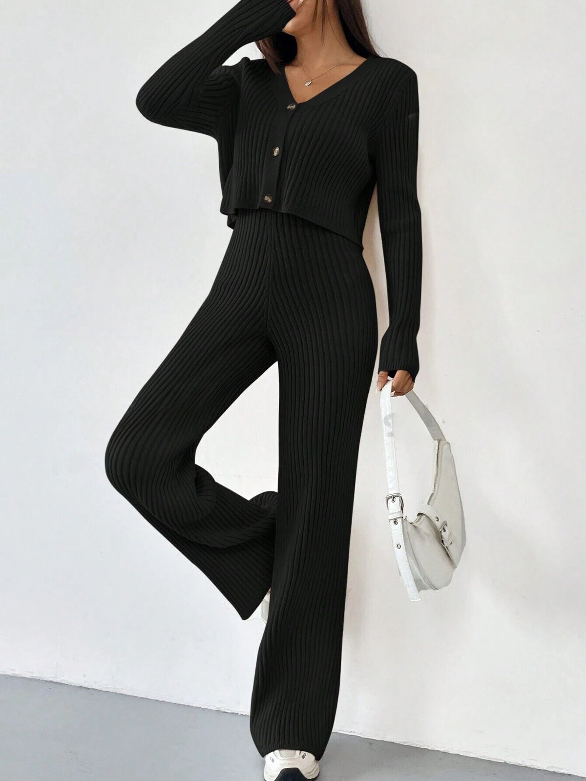 RIBBED KNIT CARDIGAN & KNITTED SOFT CO-ORD