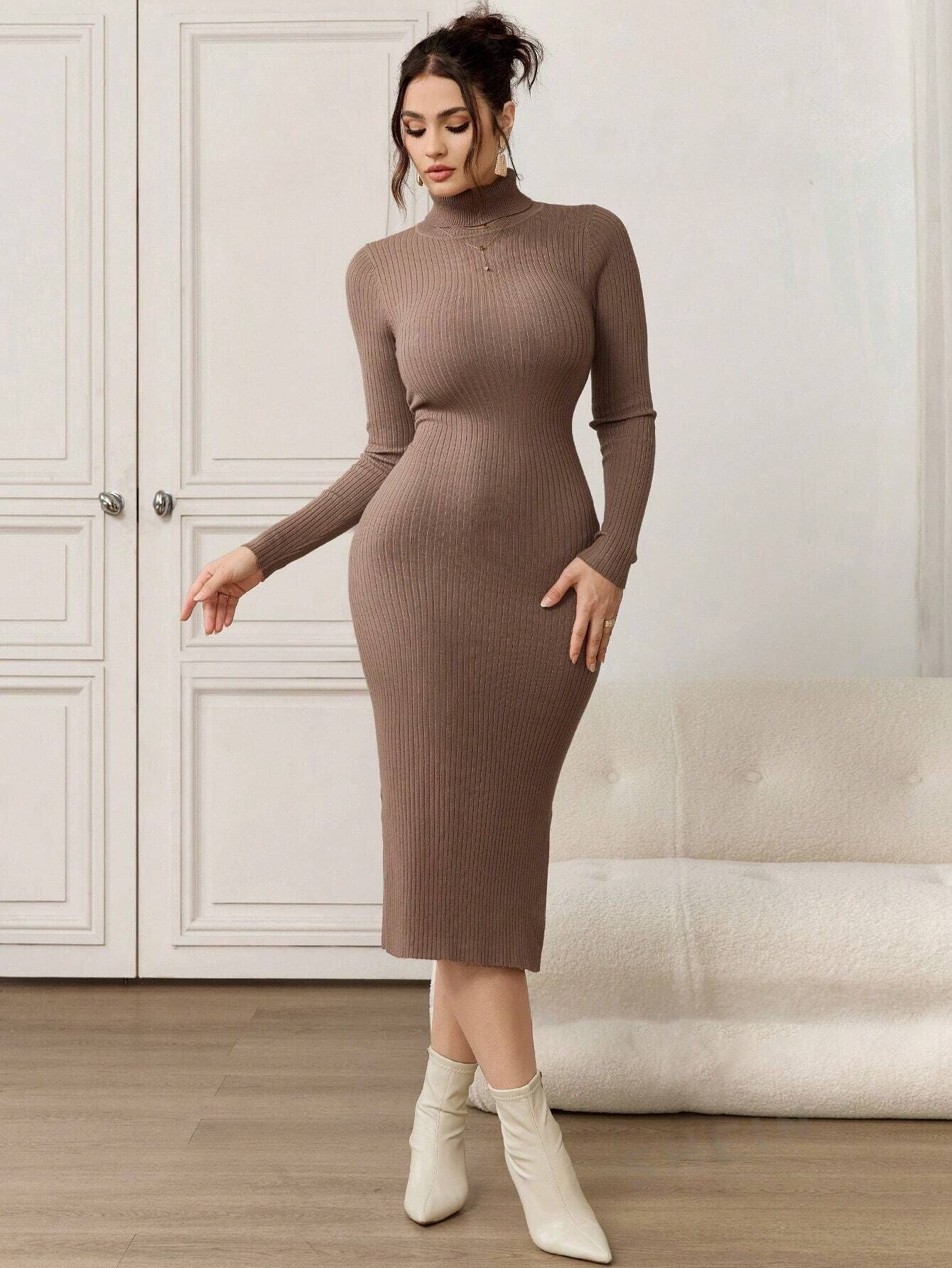 WOMEN'S SOLID HIGH NECK LONG SLEEVES FITTED ELEGANT SWEATER DRESS
