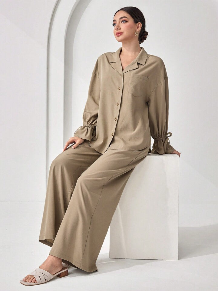 Women's Casual Solid Color Long Sleeve And Long Pants Arabic Outfits