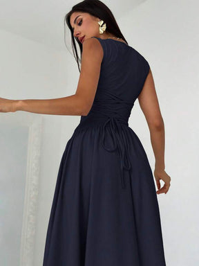 Elegant Asymmetrical Patchwork Ruched Back Tie Waist Dress