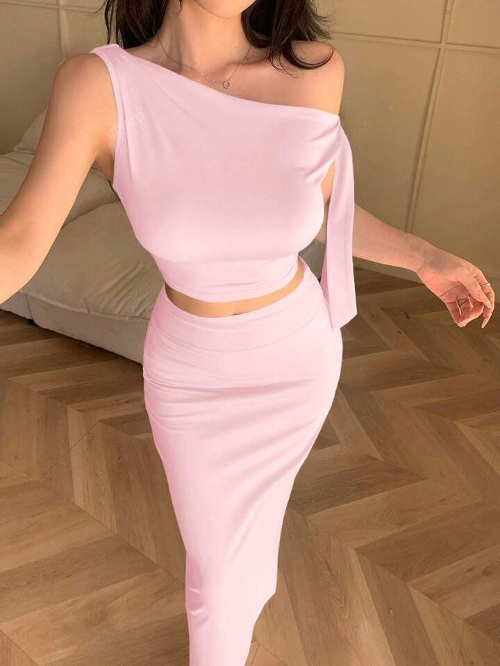 Asymmetric Neck Oblique Shoulder Tied Strap Simple Top & Slim Fit Skirt Two Pieces Set