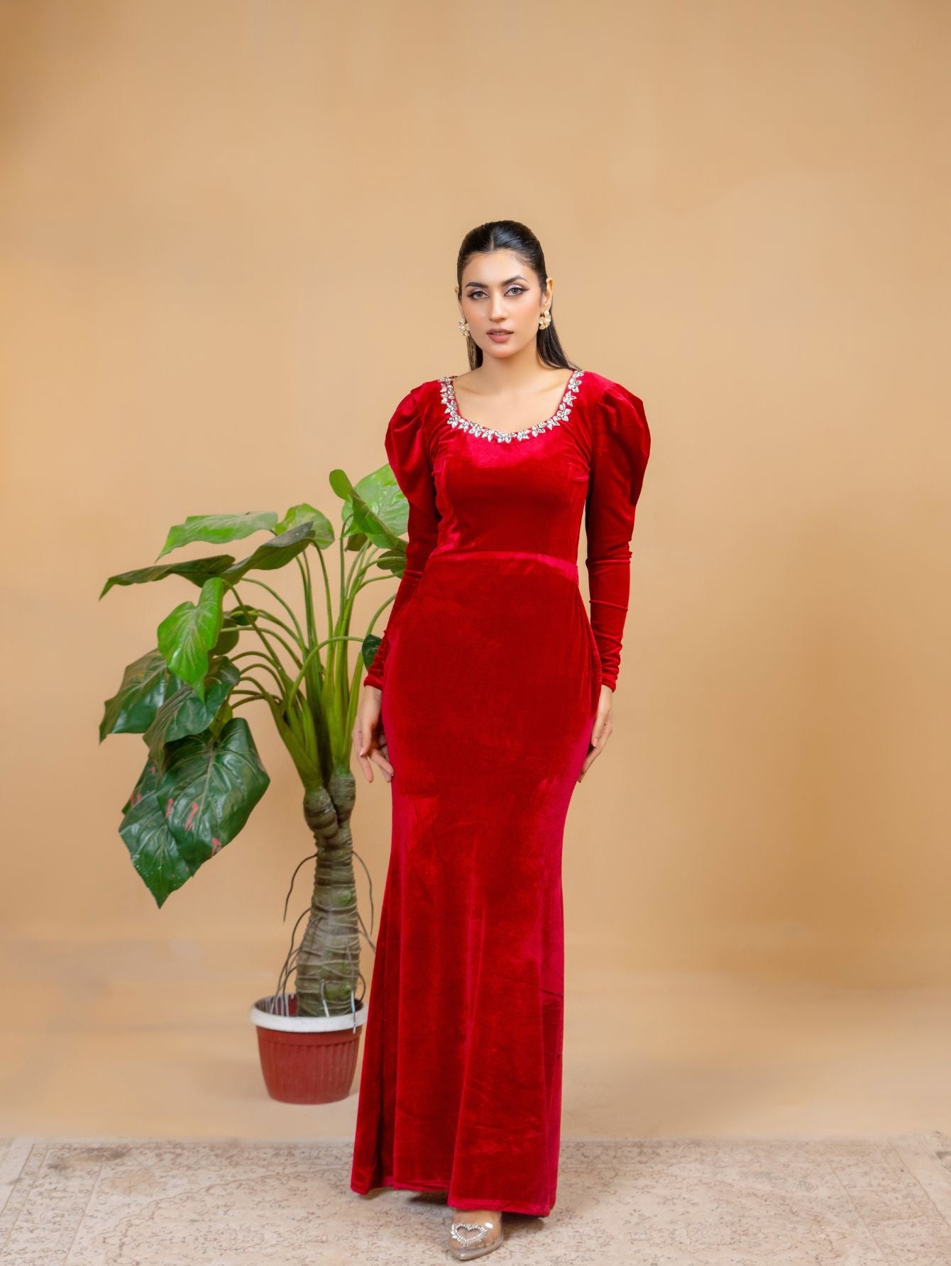 SQUARE NECK WITH STONES RED VELVET LONG SLEEVES WINTER DRESS