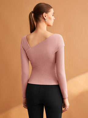 Women Solid Elastic Foldable Slim Asymmetric Collar Long Sleeve Casual Top