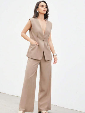 Minimalist office wear v-neck cinched waist west two piece set