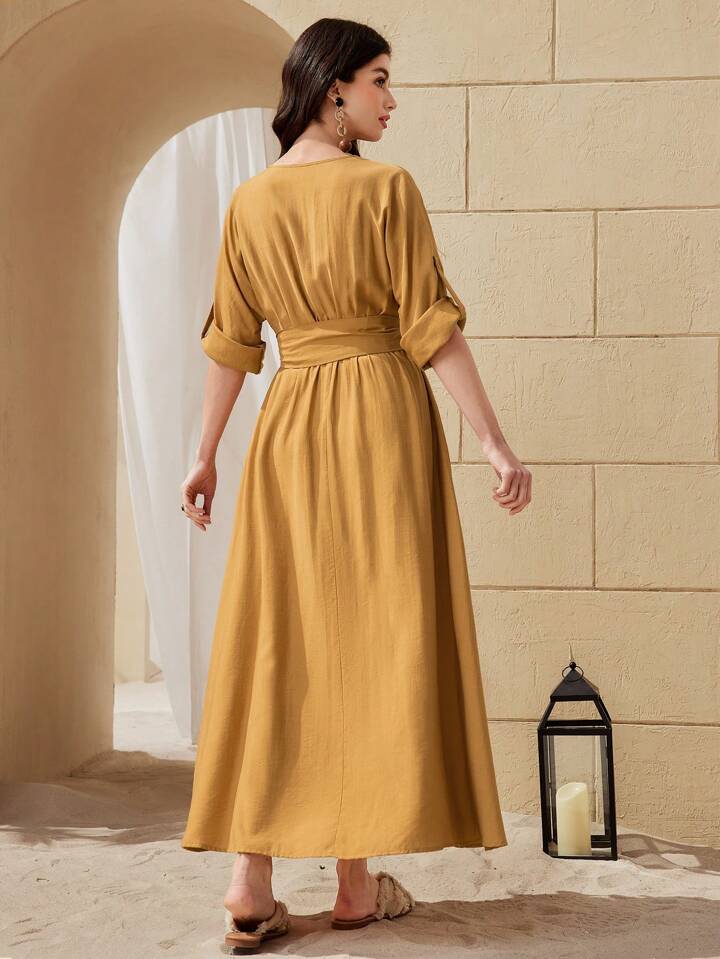 Women's V-Neck Solid Color Waist Belt And Tassel Decorated Elegant Arabic Summer Dress