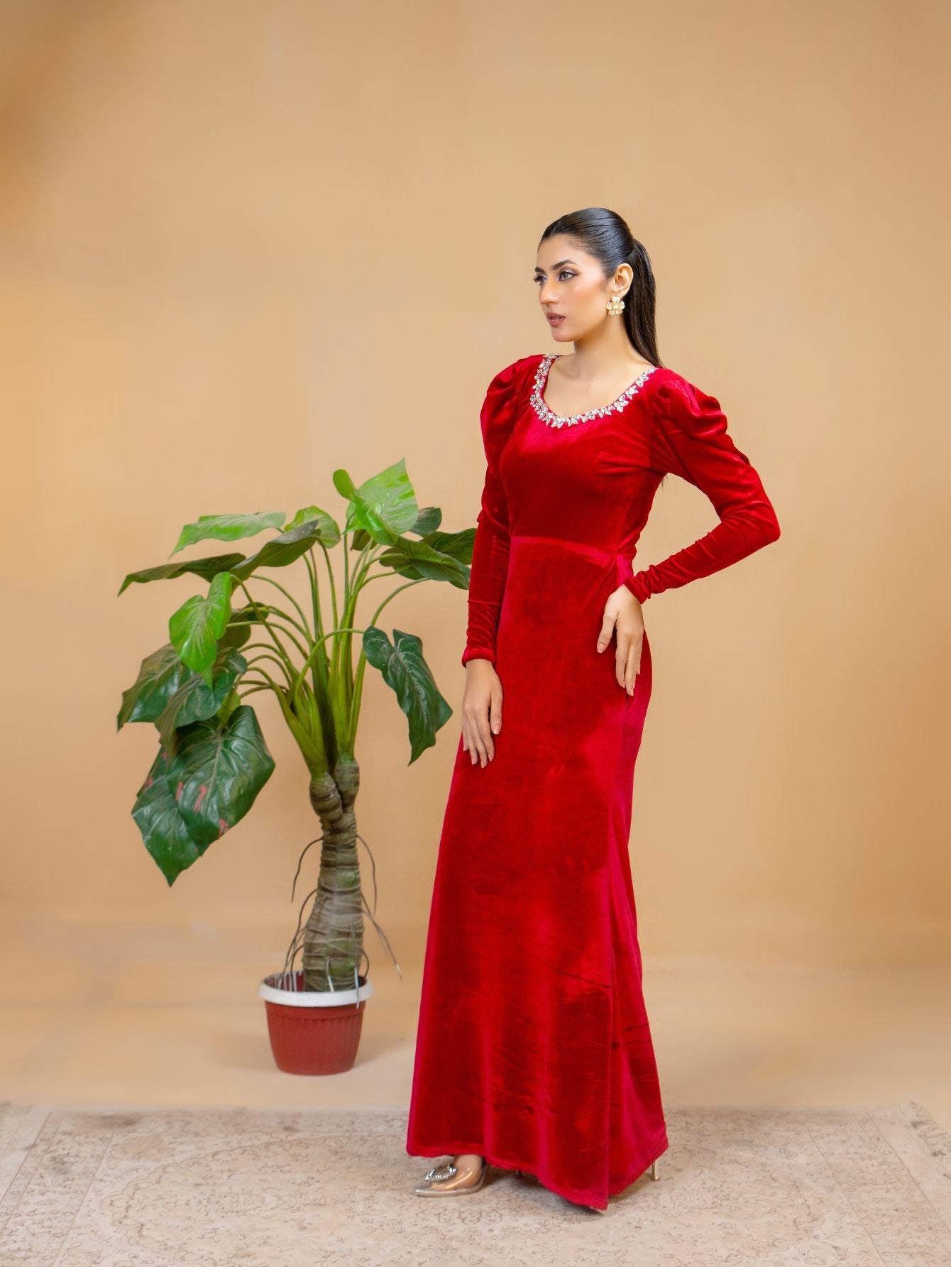 SQUARE NECK WITH STONES RED VELVET LONG SLEEVES WINTER DRESS
