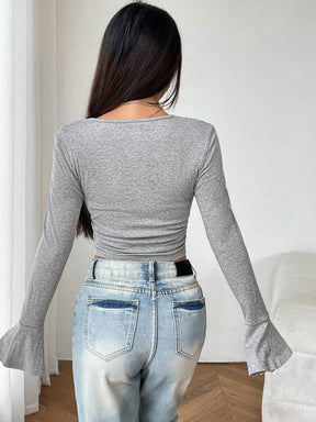 Women's Solid Color Bell Sleeve Crop T-Shirt With Tassel Detail