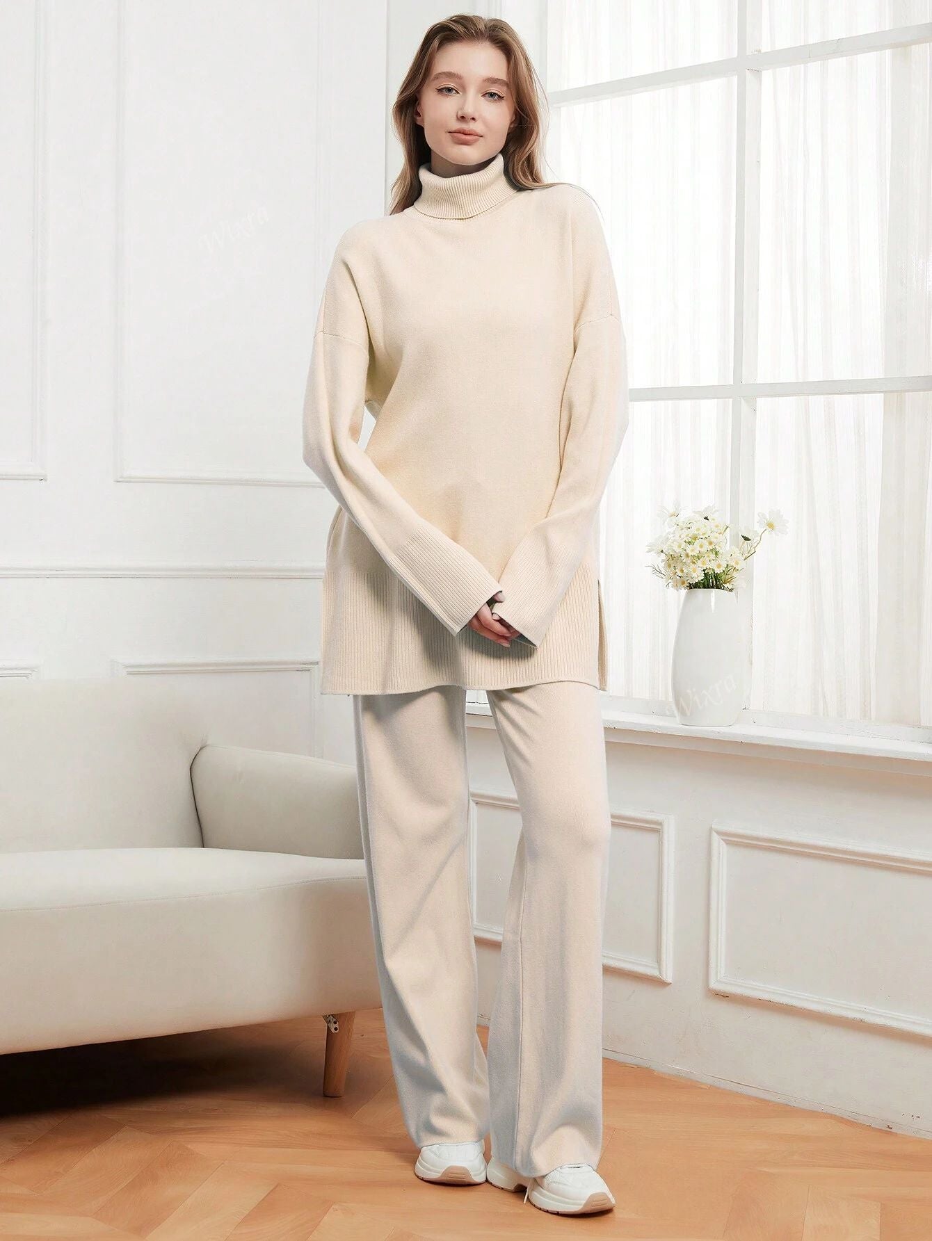 TURTLENECK LOOSE KNITTED SWEATER AND WIDE LEG KNITTED CASUAL 2 PIECE SET