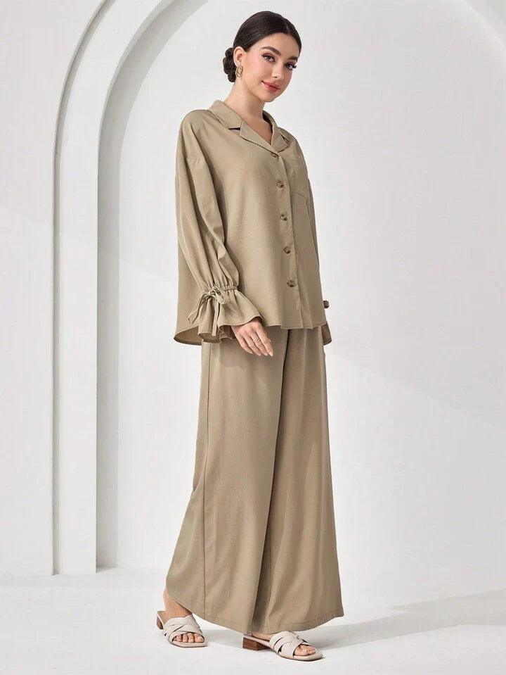 Women's Casual Solid Color Long Sleeve And Long Pants Arabic Outfits