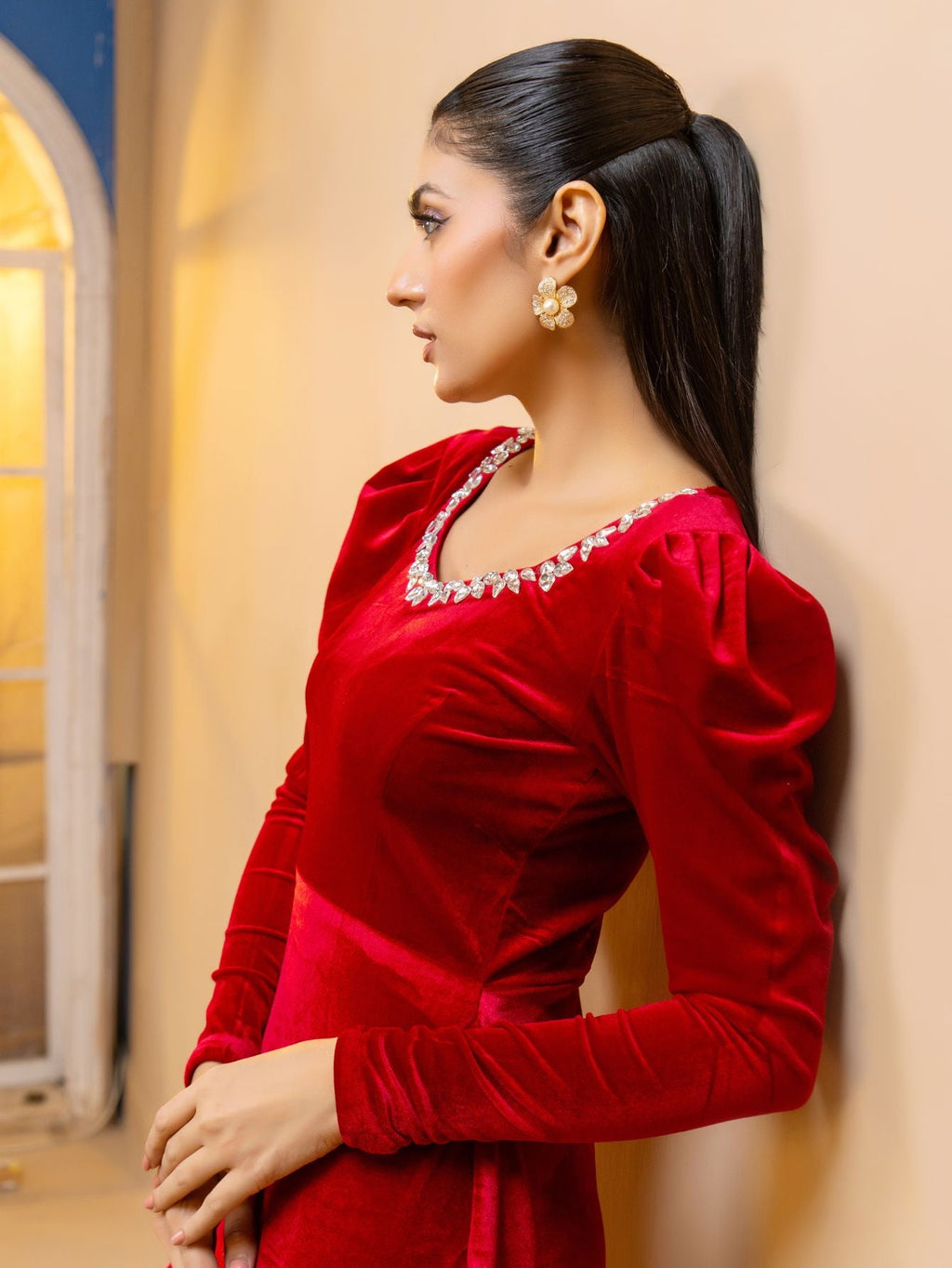 SQUARE NECK WITH STONES RED VELVET LONG SLEEVES WINTER DRESS