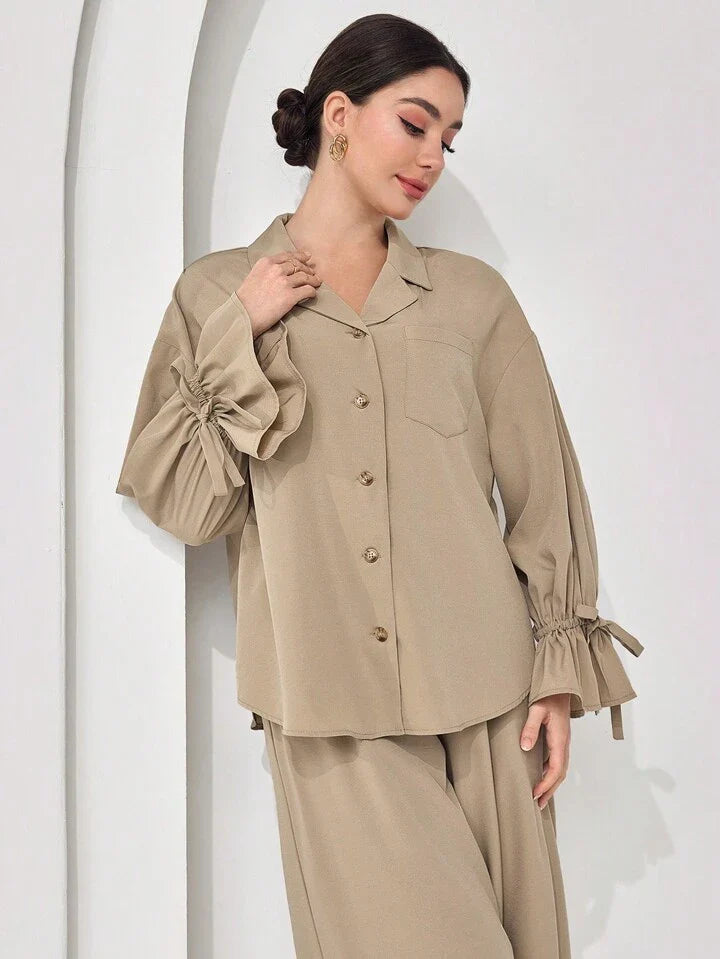 Women's Casual Solid Color Long Sleeve And Long Pants Arabic Outfits