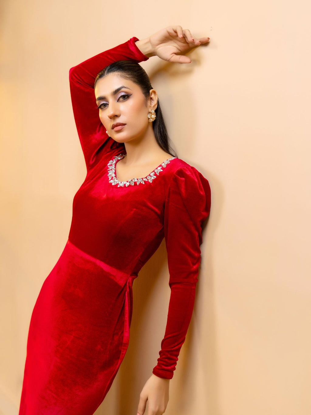 SQUARE NECK WITH STONES RED VELVET LONG SLEEVES WINTER DRESS
