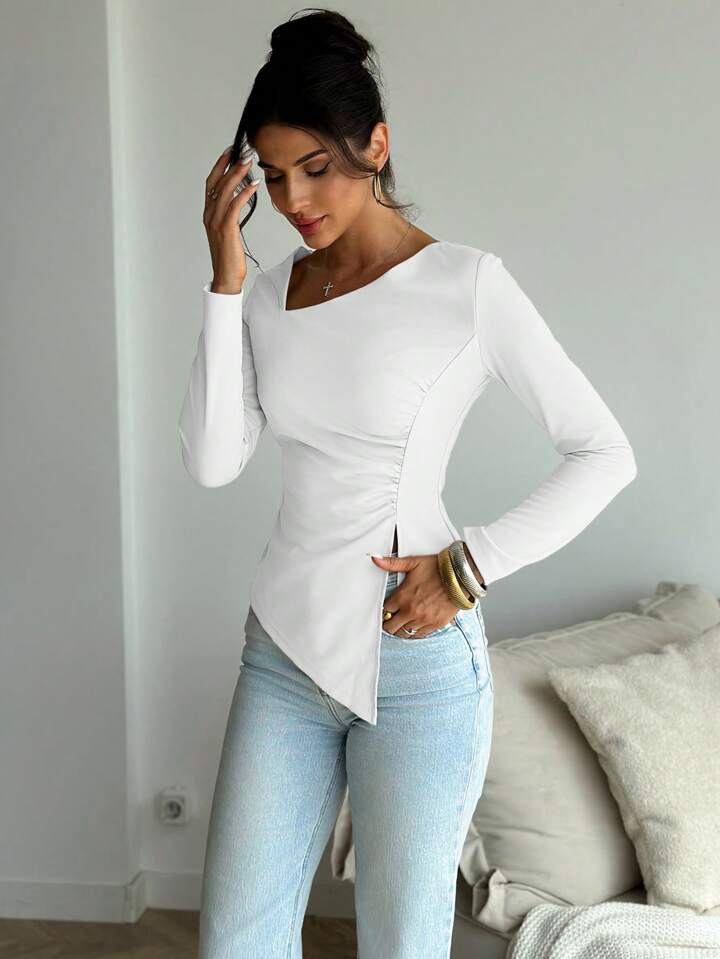 Elegant Long Sleeve Cinched Waist Bodycon Asymmetrical Hem Top