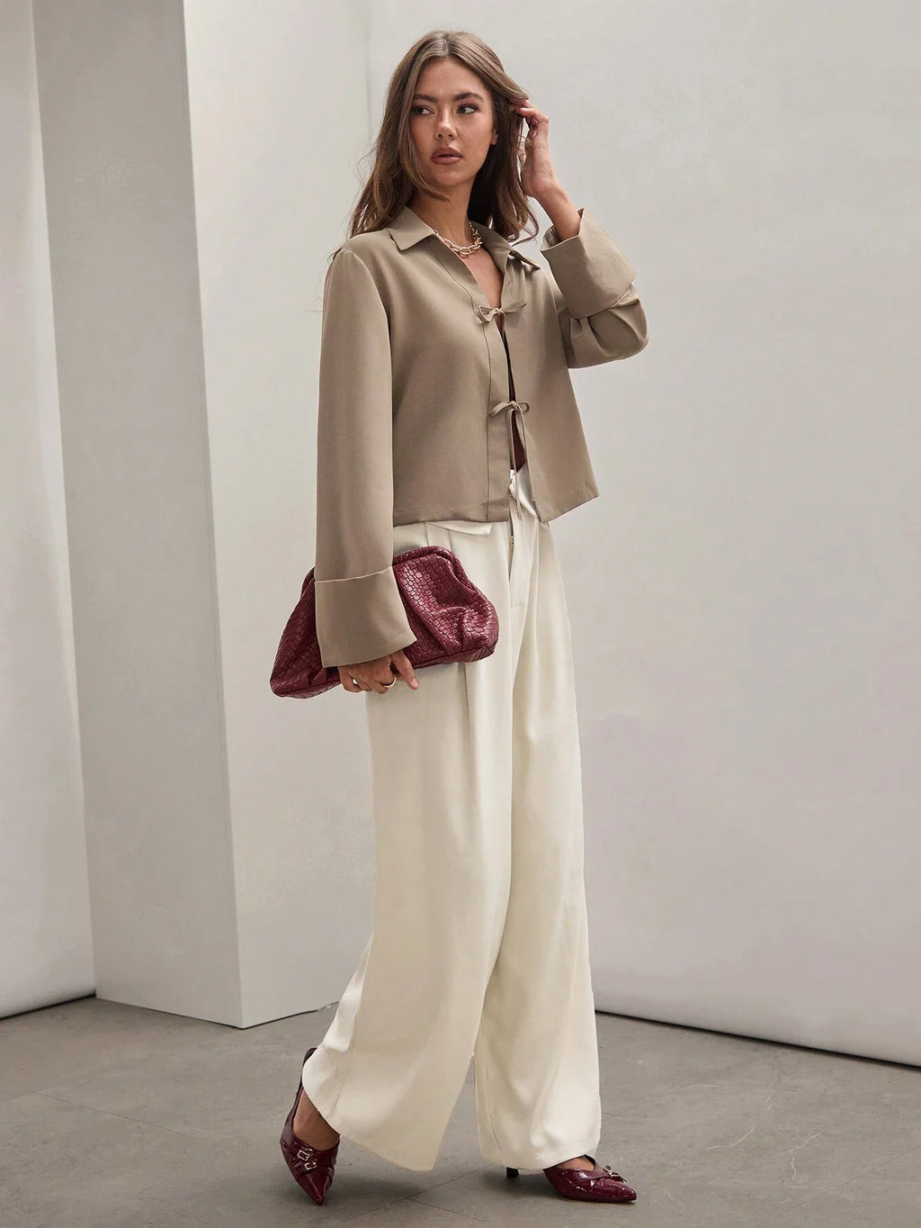 Women's Plain Tie Long Sleeve  Casual Work Shirt