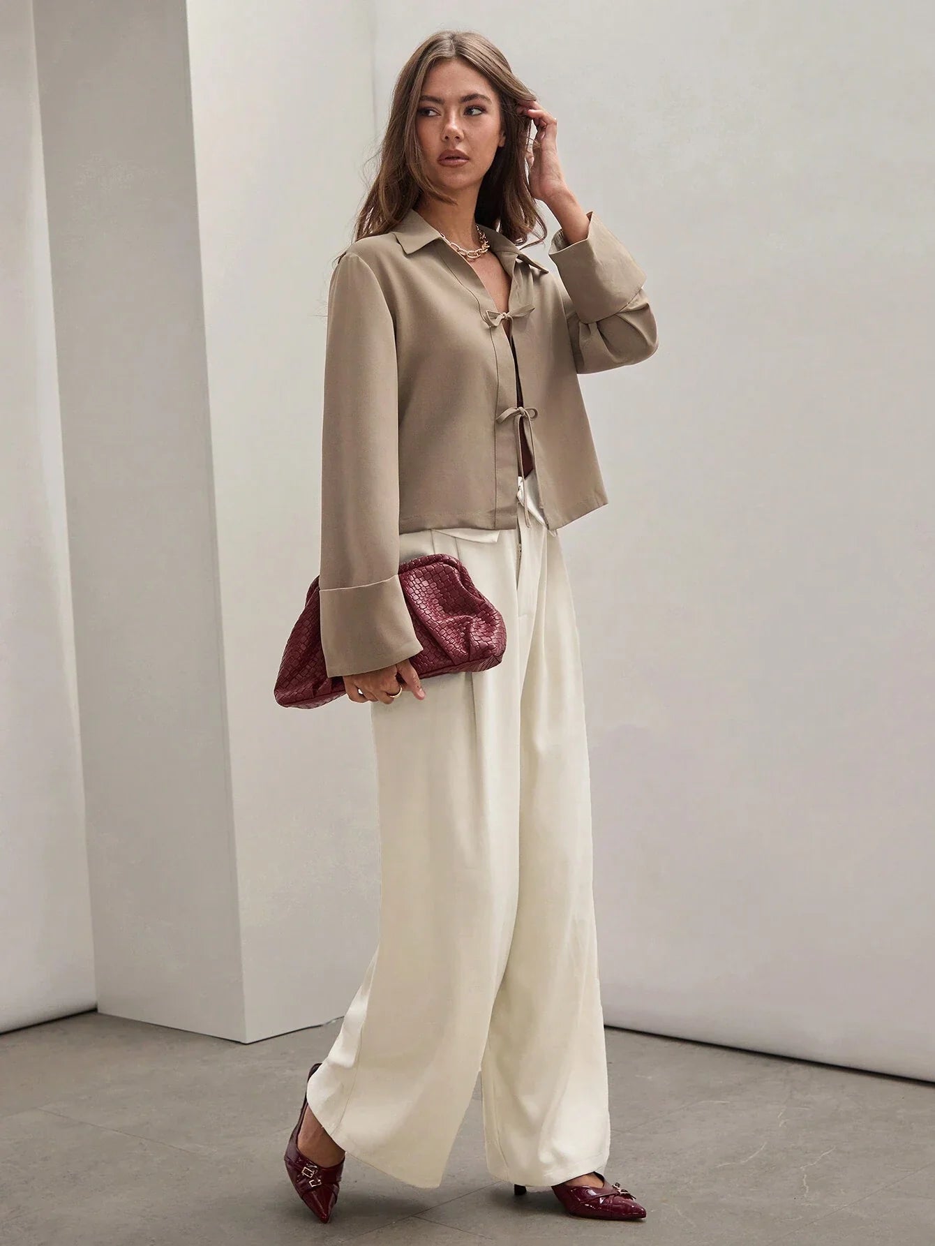 Women's Plain Tie Long Sleeve  Casual Work Shirt