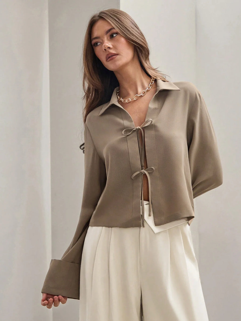 Women's Plain Tie Long Sleeve  Casual Work Shirt