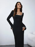 WOMEN'S ELEGANT AND SIMPLE SQUARE NECK LONG SLEEVES BODYCON
