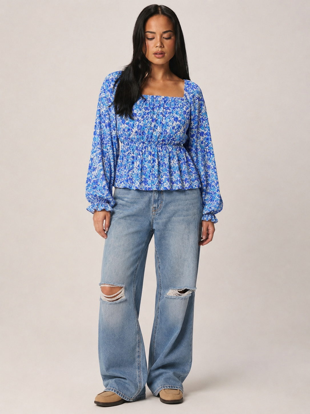 WOMEN DITSY FLORAL BACK BOW SQUARE  NECK FULL SLEEVES TOP