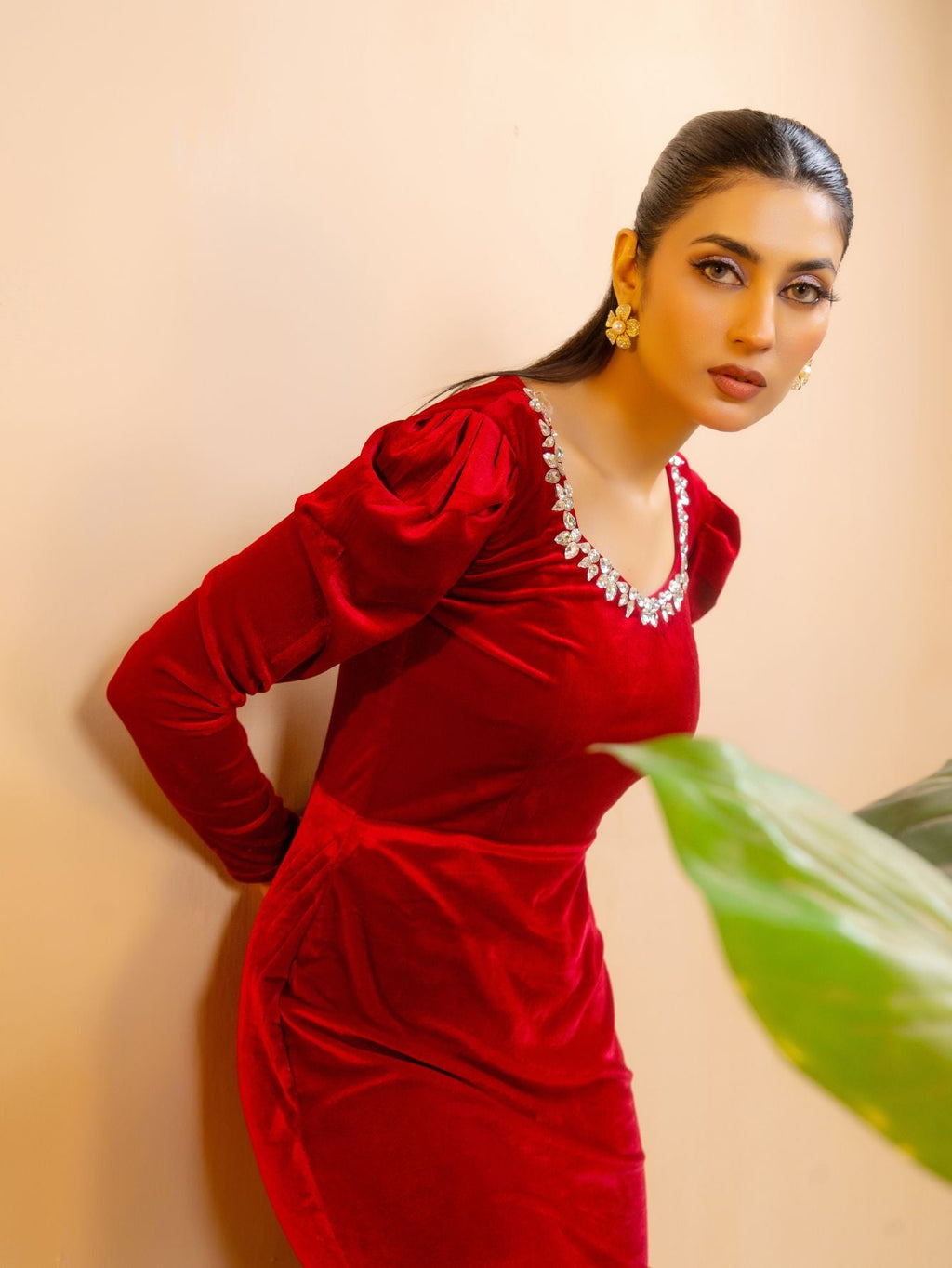 SQUARE NECK WITH STONES RED VELVET LONG SLEEVES WINTER DRESS