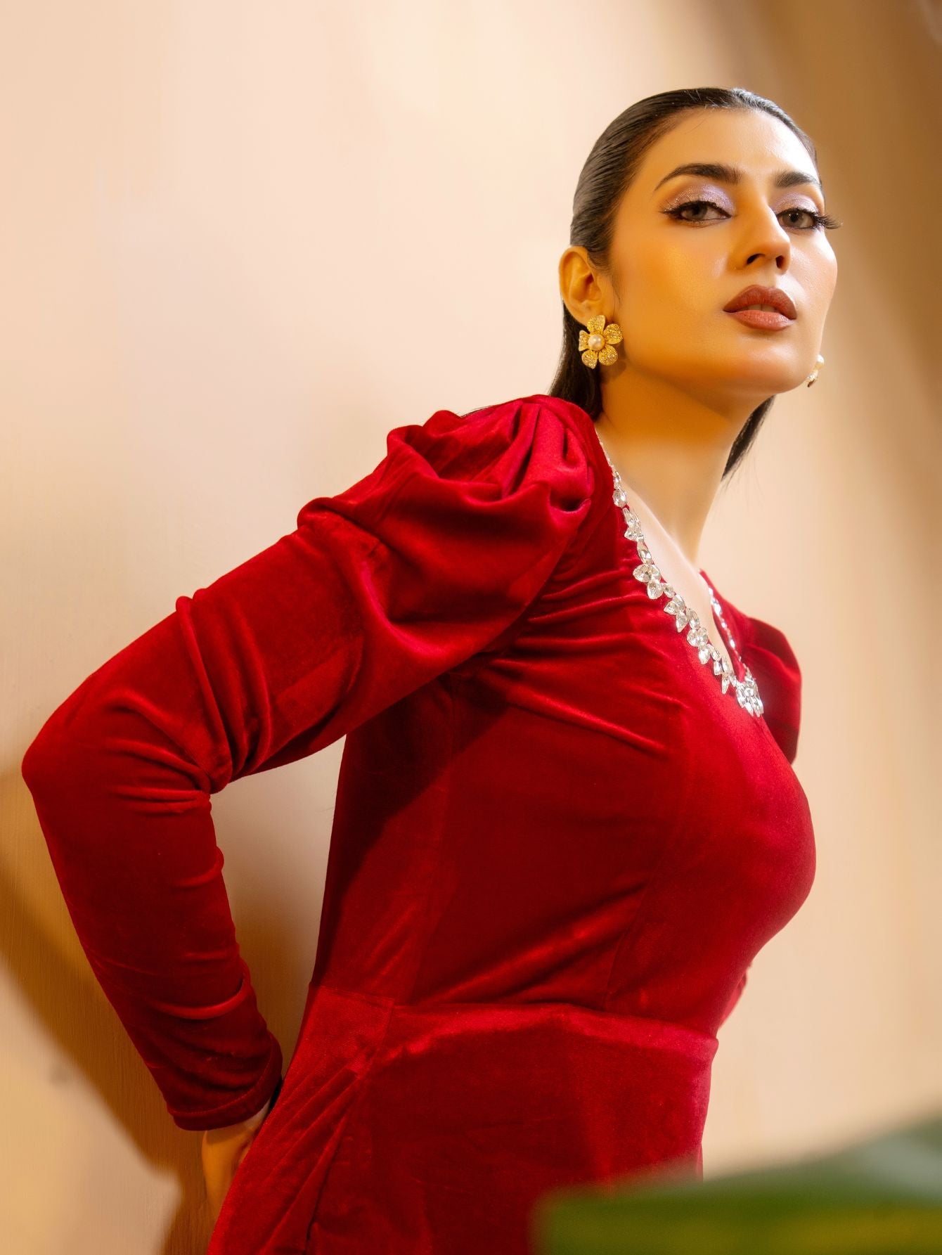 SQUARE NECK WITH STONES RED VELVET LONG SLEEVES WINTER DRESS