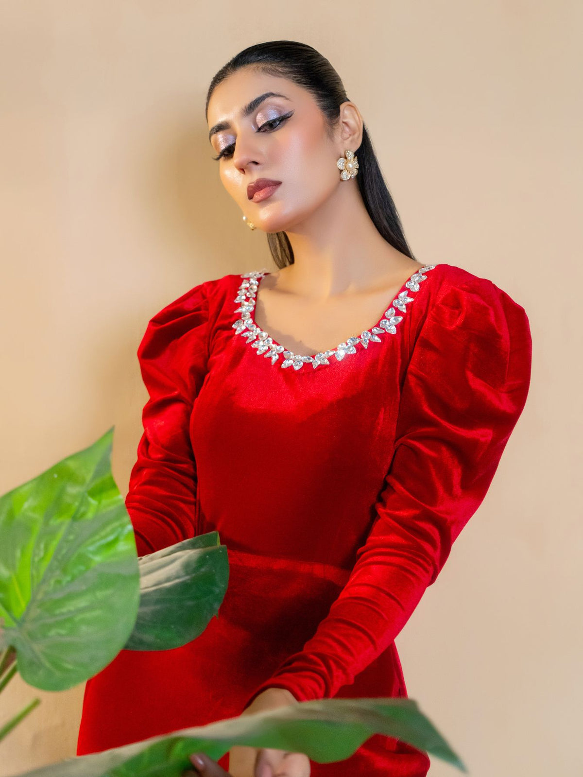 SQUARE NECK WITH STONES RED VELVET LONG SLEEVES WINTER DRESS