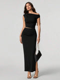 Women Oblique Shoulder Short Sleeve Top And Skirt Set
