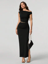 Women Oblique Shoulder Short Sleeve Top And Skirt Set