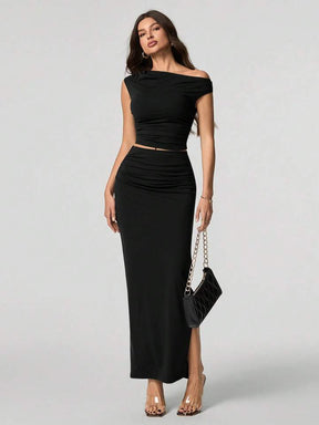 Women Oblique Shoulder Short Sleeve Top And Skirt Set