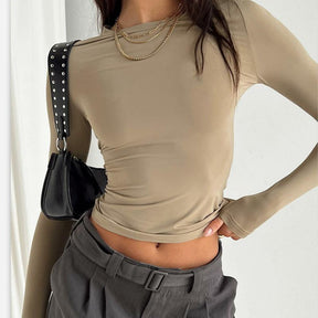 Women Plain Crew Neck Long Sleeve Ruched Fitted Slim Fit T-Shirt