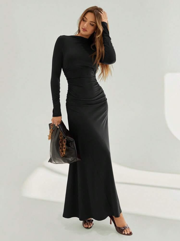 Women Assymetric Ruched long Sleeves A line tigh dress