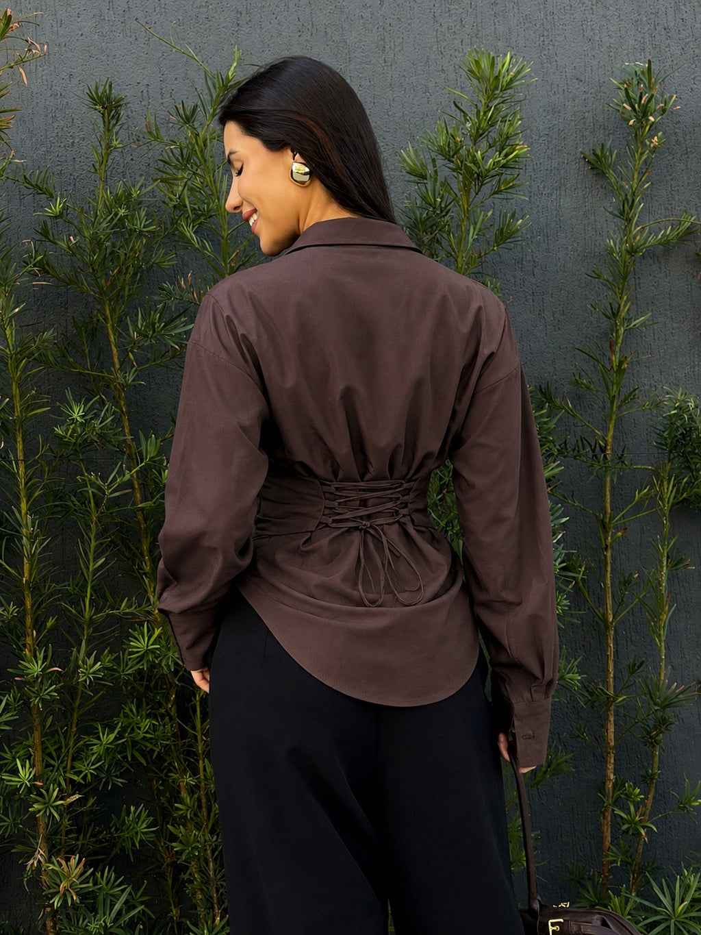 Back-Tie  Fitted Waist Long-Sleeves Shirt