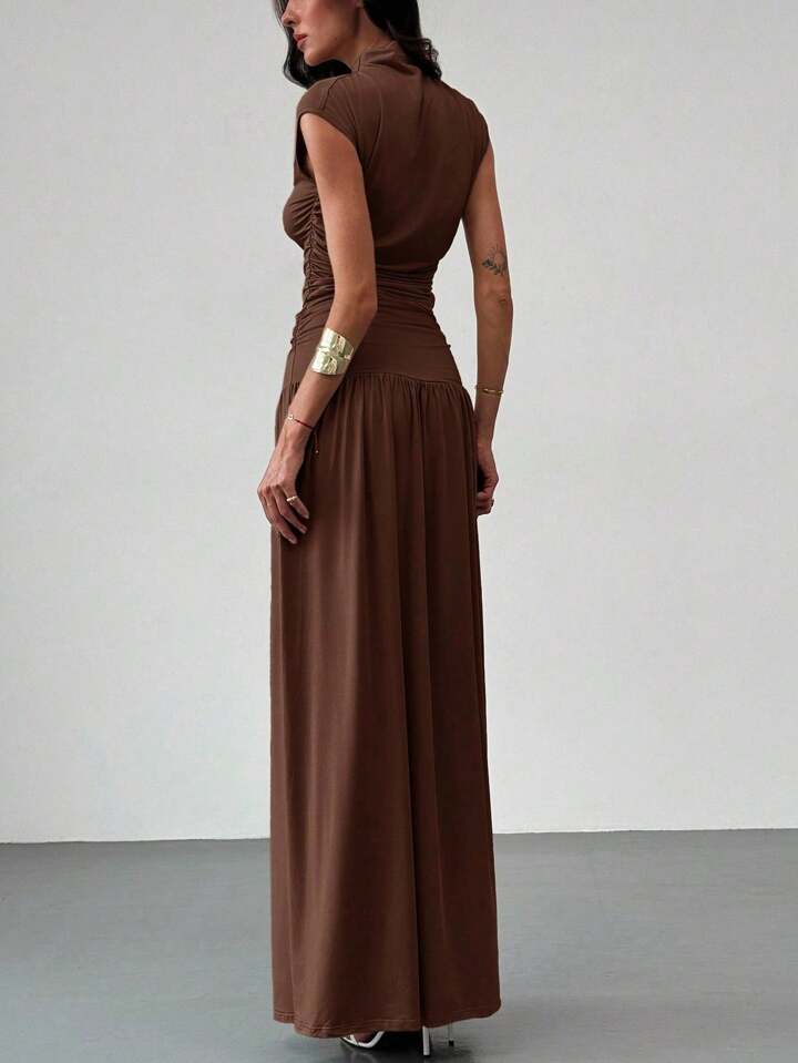 2PCS/SET STAND COLLAR RUCHED BLOUSE AND HIGH WAIST SKIRT SET