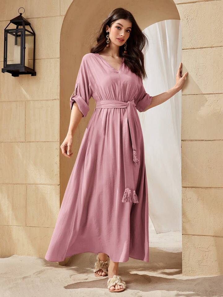 Women's V-Neck Solid Color Waist Belt And Tassel Decorated Elegant Arabic Summer Dress