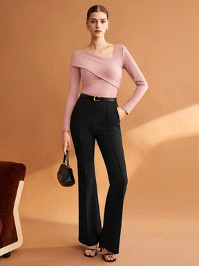 Women Solid Elastic Foldable Slim Asymmetric Collar Long Sleeve Casual Top