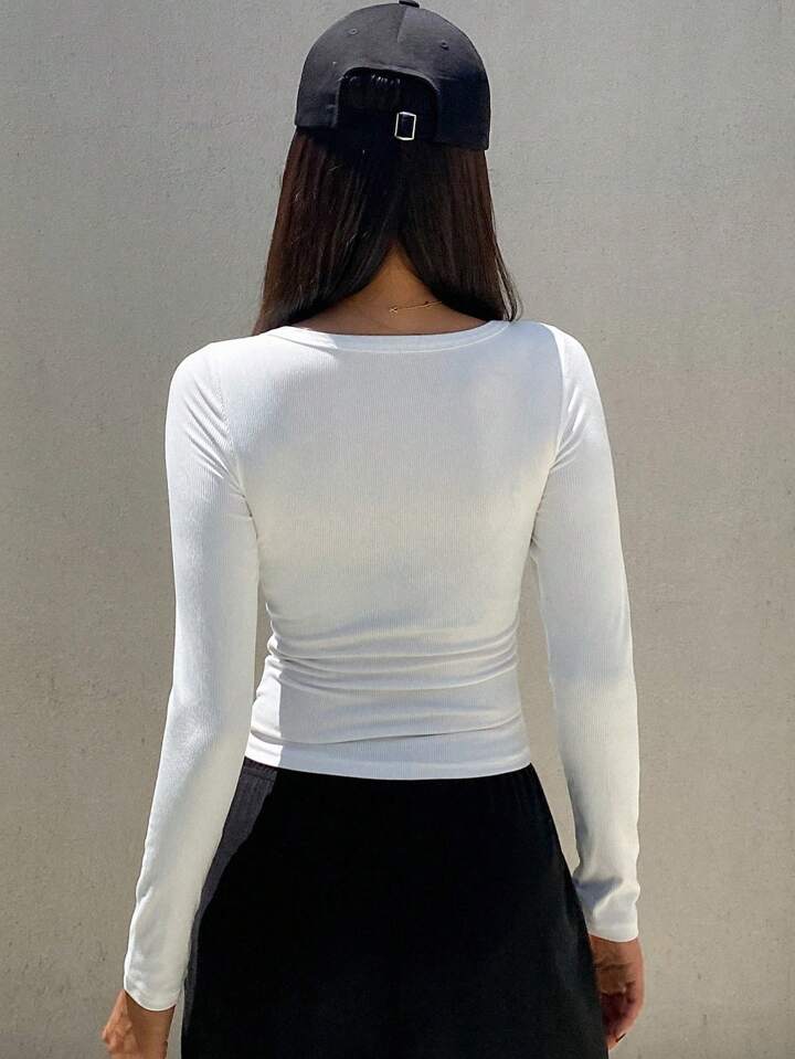 Women's Solid Color Button Front Long Sleeve Casual T-Shirt