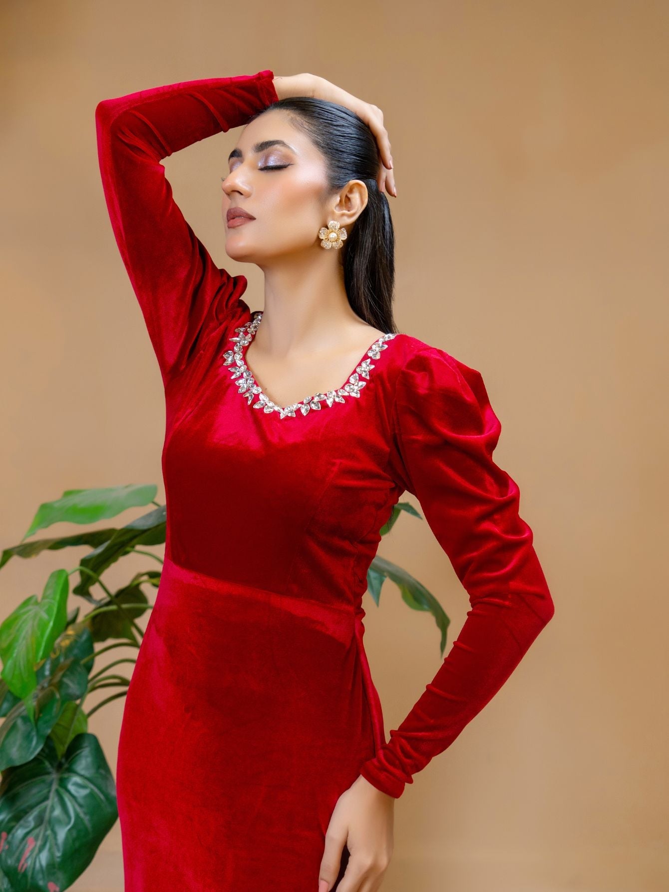 SQUARE NECK WITH STONES RED VELVET LONG SLEEVES WINTER DRESS