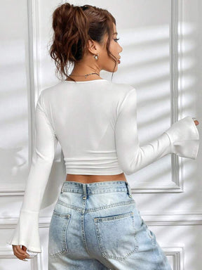 Women's Solid Color Bell Sleeve Crop T-Shirt With Tassel Detail