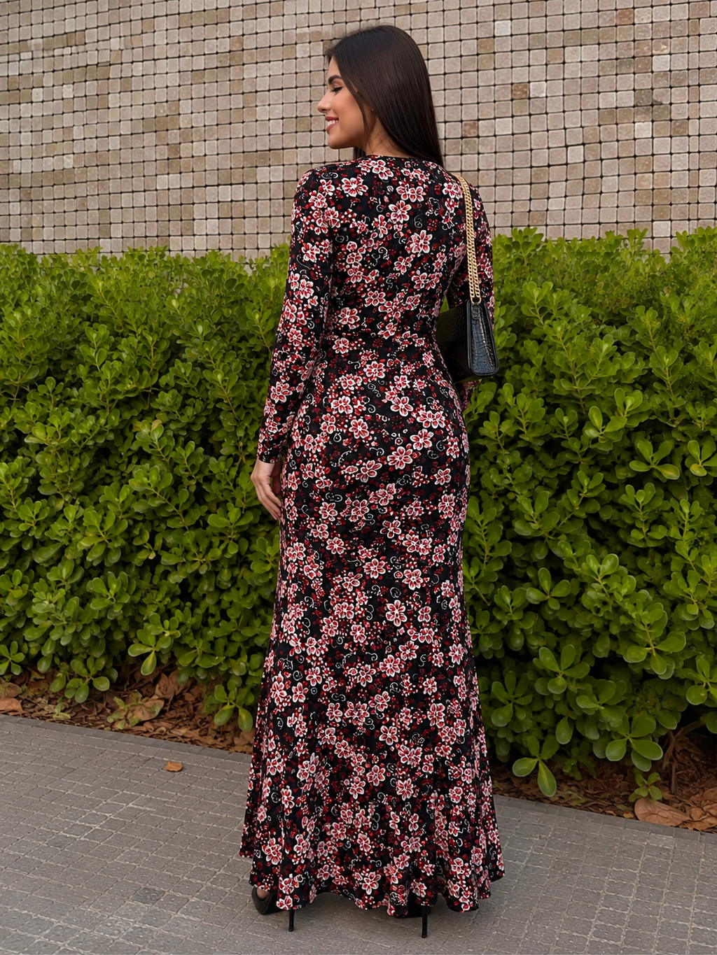 TIE DYE MESH WRAP V NECK LONG SLEEVES DRESS - RED