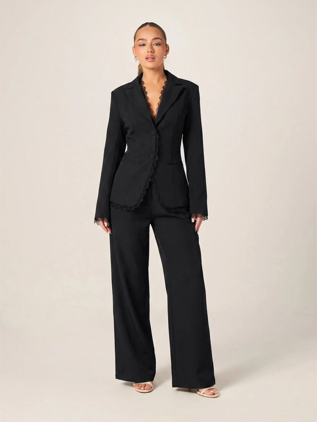 Elegant Lace Trim Blazer With Button Closure