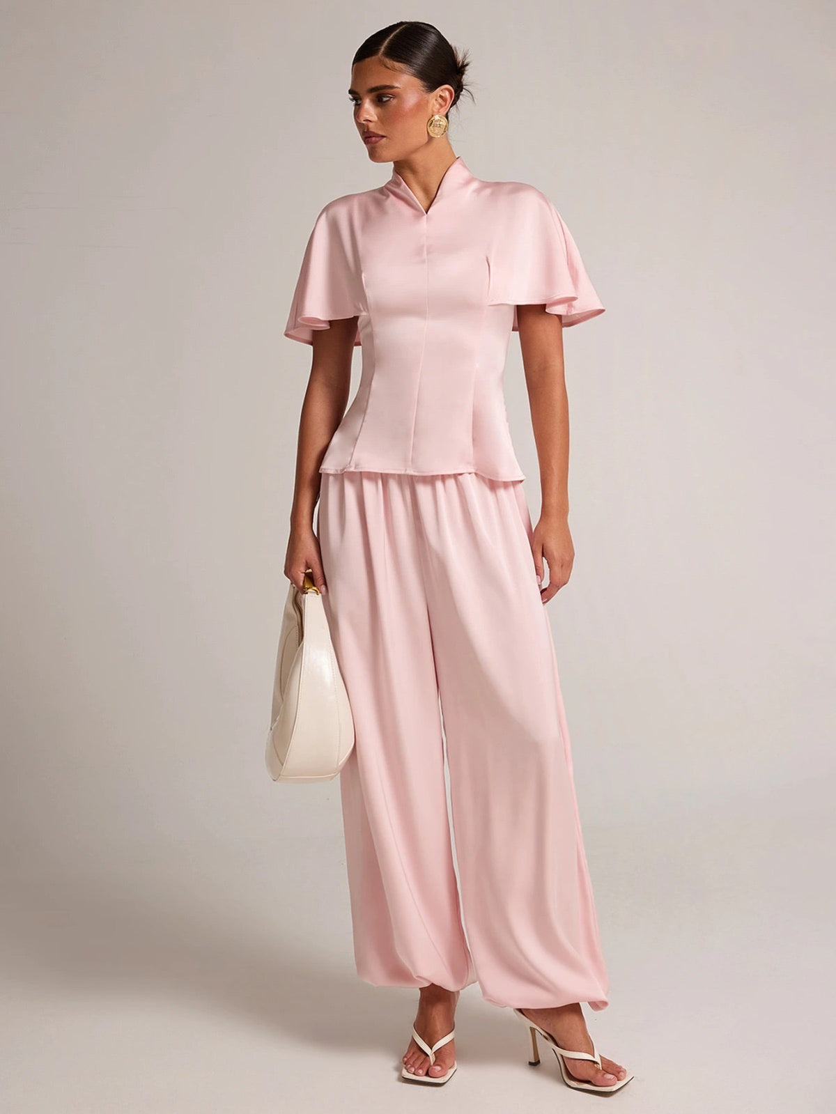 BAE Baby Pink Satin Cape Sleeve Blazer Balloon Pants Set