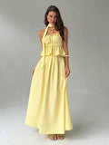 Women Summer Simple Solid Color Pleated Chest Ruffles Hem Tube Top And Long Skirt Set With Scarf