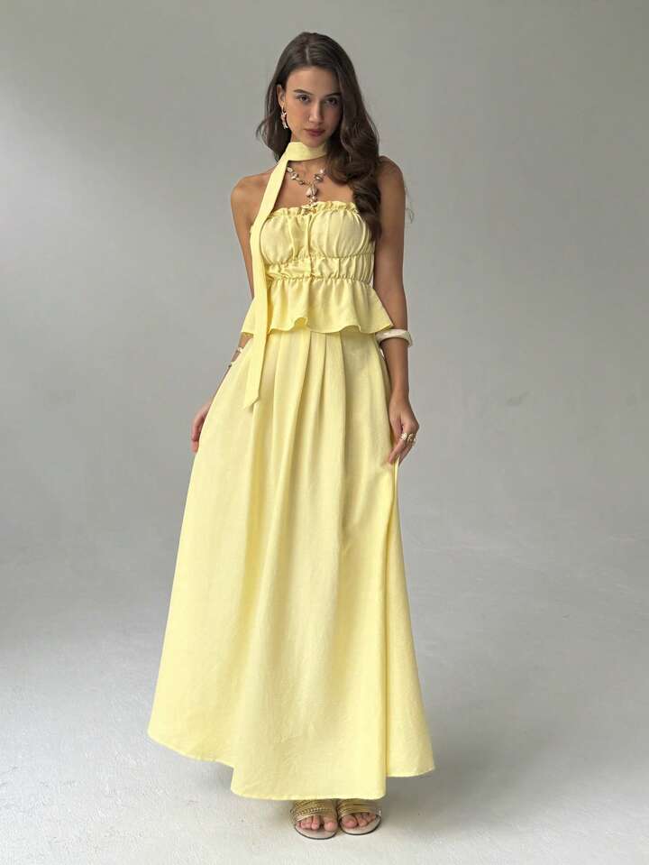 Women Summer Simple Solid Color Pleated Chest Ruffles Hem Tube Top And Long Skirt Set With Scarf