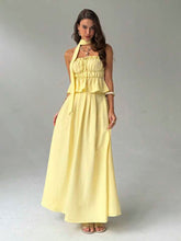 Women Summer Simple Solid Color Pleated Chest Ruffles Hem Tube Top And Long Skirt Set With Scarf