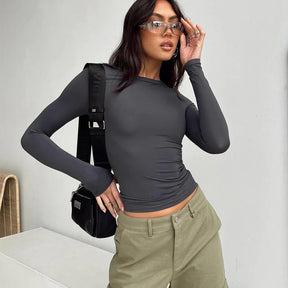 Women Plain Crew Neck Long Sleeve Ruched Fitted Slim Fit T-Shirt
