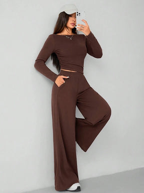 CASUAL 2PCS KNITTED SLIM TOP & WIDE LEG PANTS