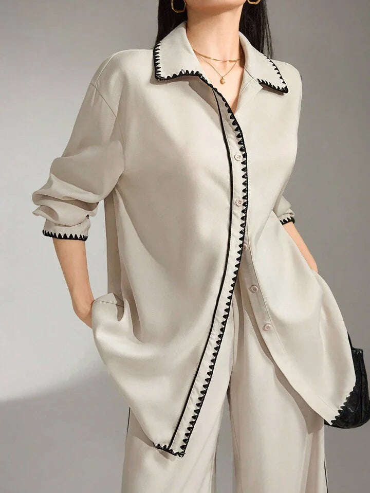 Casual Contrast Trim Shirt And Pant Women Full Sleeves Suit