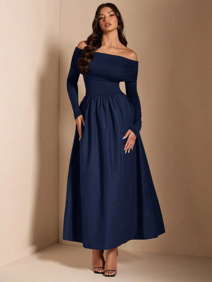 Solid Color Elegant Minimalist Sexy Shoulder Ruched Fitted Midi Dress