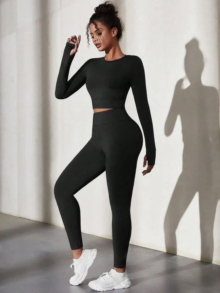 Sport Studio Solid Color Round Neck Sports Top Legging Set
