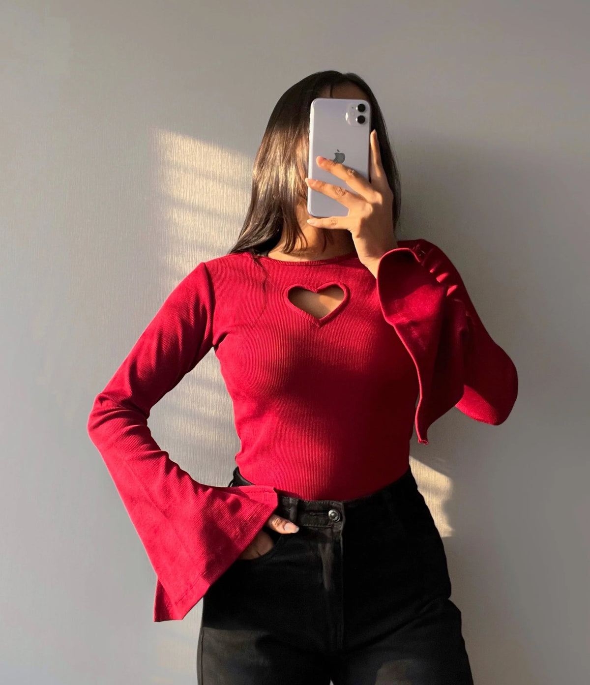 HEART CUT OUT LETTUCE TRIM MOCK NECK TRUMPET SLEEVE TEE