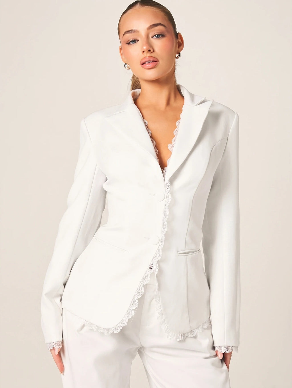 Elegant Lace Trim Blazer With Button Closure